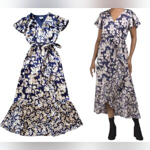 Nicole Miller Floral Satin Wrap Midi Dress Small Navy V-neck Belted Ruffled‎ NWT